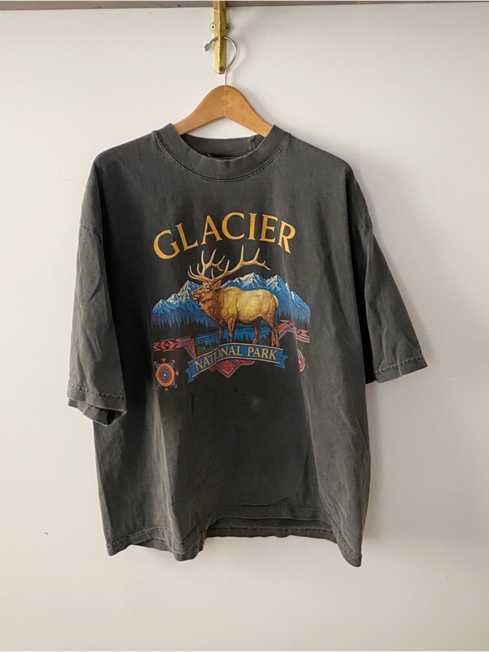 Glacier National Park Graphic Tee - Washed Black with Yellow & Blue Print